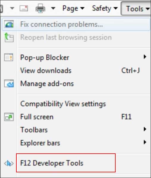 IE11 menu dev tools