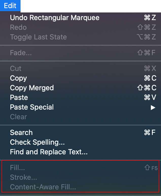 Edit menu greyed out options